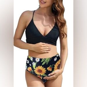 Maternity Two Piece Bikini Criss Cross Black Yellow Sunflower Swimsuit Small